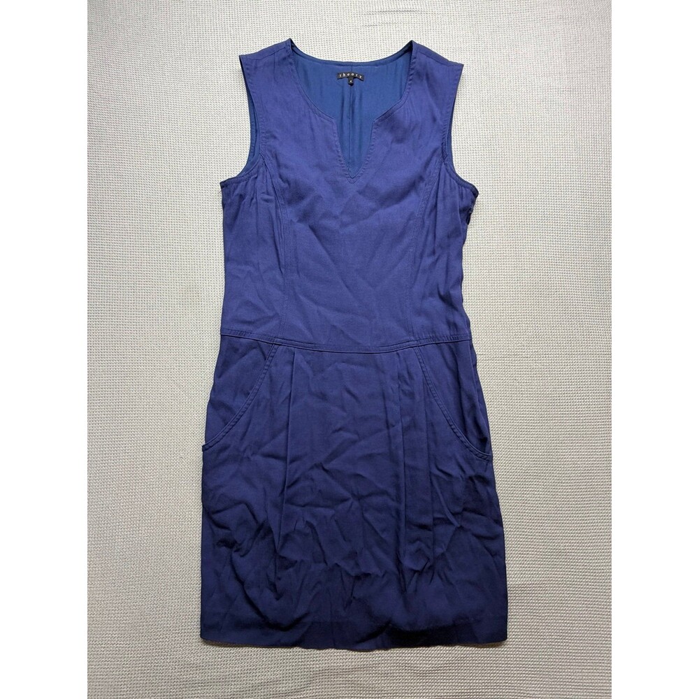 Theory Navy Blue Sleeveless V Neck Dress Women’s 4 Pockets Stretch Mini